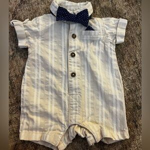 Little Lad Cream Striped Baby Romper with Blue Bow Tie 0-3 Months
